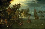 A Busy River Scene with Dutch Vessels and a Ferry Jan Brueghel